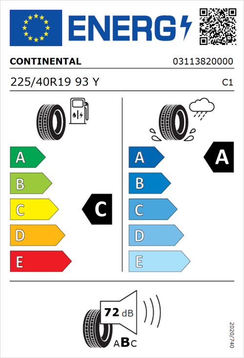 Tyre Label for Continental SportContact 7 225/40R19 93Y