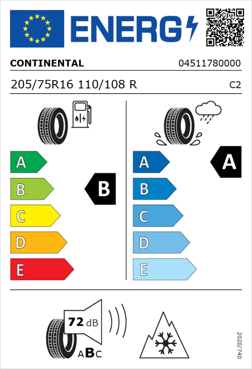 Tyre Label for Continental ContiVanContact 200 205/75R16 110/108R