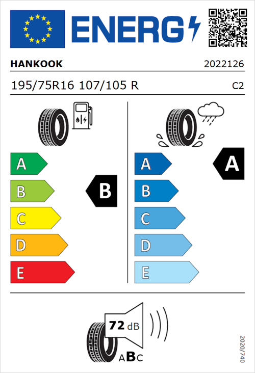 Tyre Label for Hankook Vantra Transit (RA58) 195/75R16 107/105R