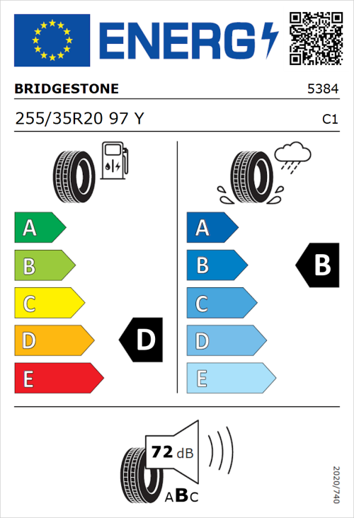 Tyre Label for Bridgestone Potenza S001 255/35R20 97Y